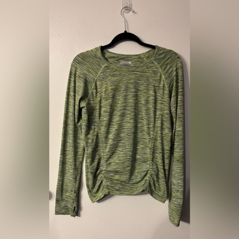 Athleta Top Women's Fastest Track Long Sleeve Ruched Space Dye Green XL
